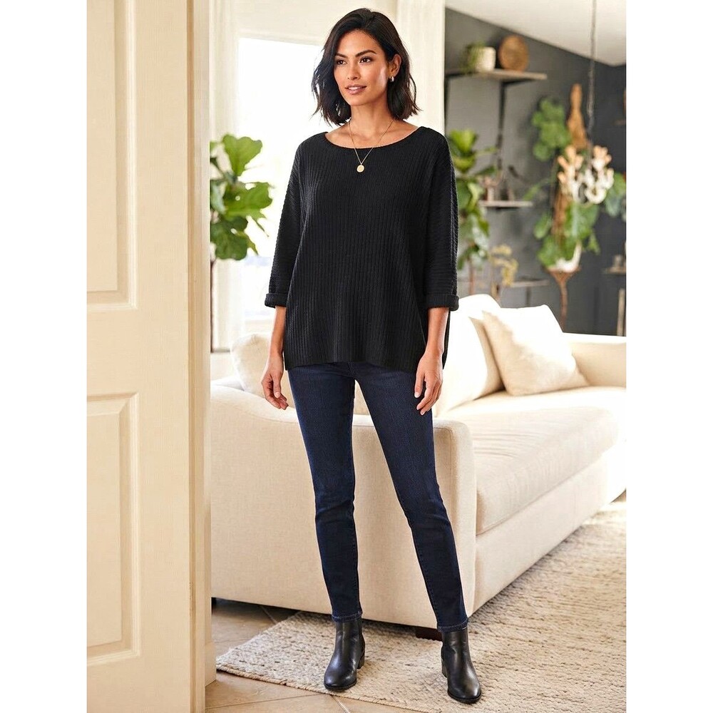 Saks Fifth Avenue 100% Cashmere Black Rib-Knit Scoop Neck Batwing Sweater M